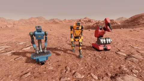 Planetbase 2’nin mavi Carrier, sarı Constructor ve kırmızı Miner botları kızıl bir gezegen yüzeyinde yan yana duruyor