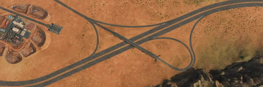 Transport Fever 3 kavşak düzenleyici ile kurulmuş otoyol çıkışı ve ayrılma şeridi