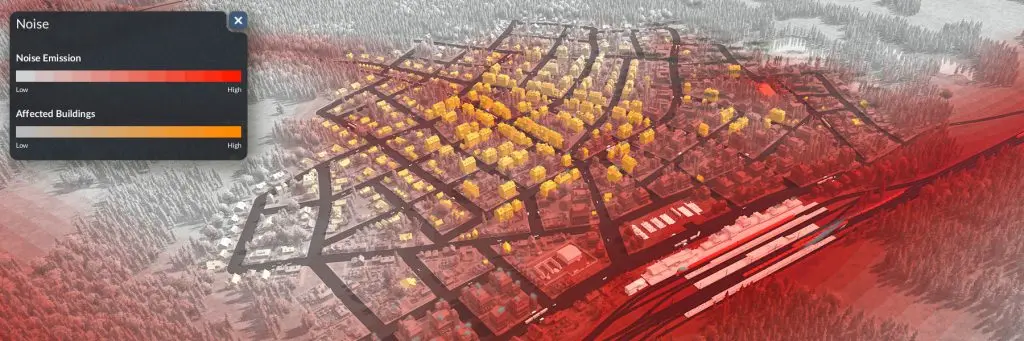 Transport Fever 3 şehir değerlendirmesinde gürültü katmanı, yol ve ray çevresinde yükselen rahatsızlık