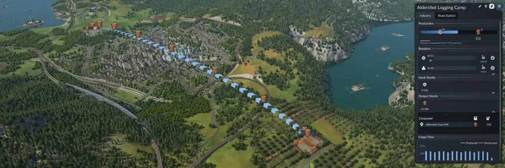 Transport Fever 3 mod yönetimi yazısında anlatılan kargo akışı katmanı, haritanın üzerine basılan taşıma yönü göstergeleri