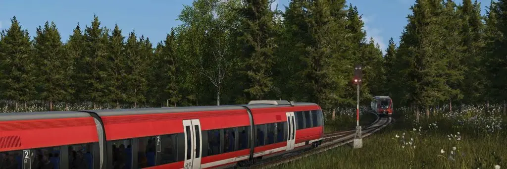 Transport Fever 3 tek hatlı kesimde karşılaşan iki tren, yeni rota rezervasyonu sayesinde kilitlenme olmadan geçiyor